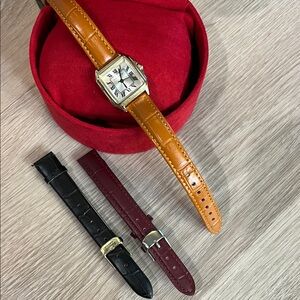 Tahari Gold-Tone Watch with Cognac Leather Strap and White Dial. Extra straps!!